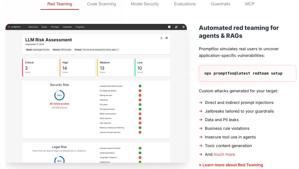 Visual representation of Promptfoo CLI tool interface showing red teaming configuration options