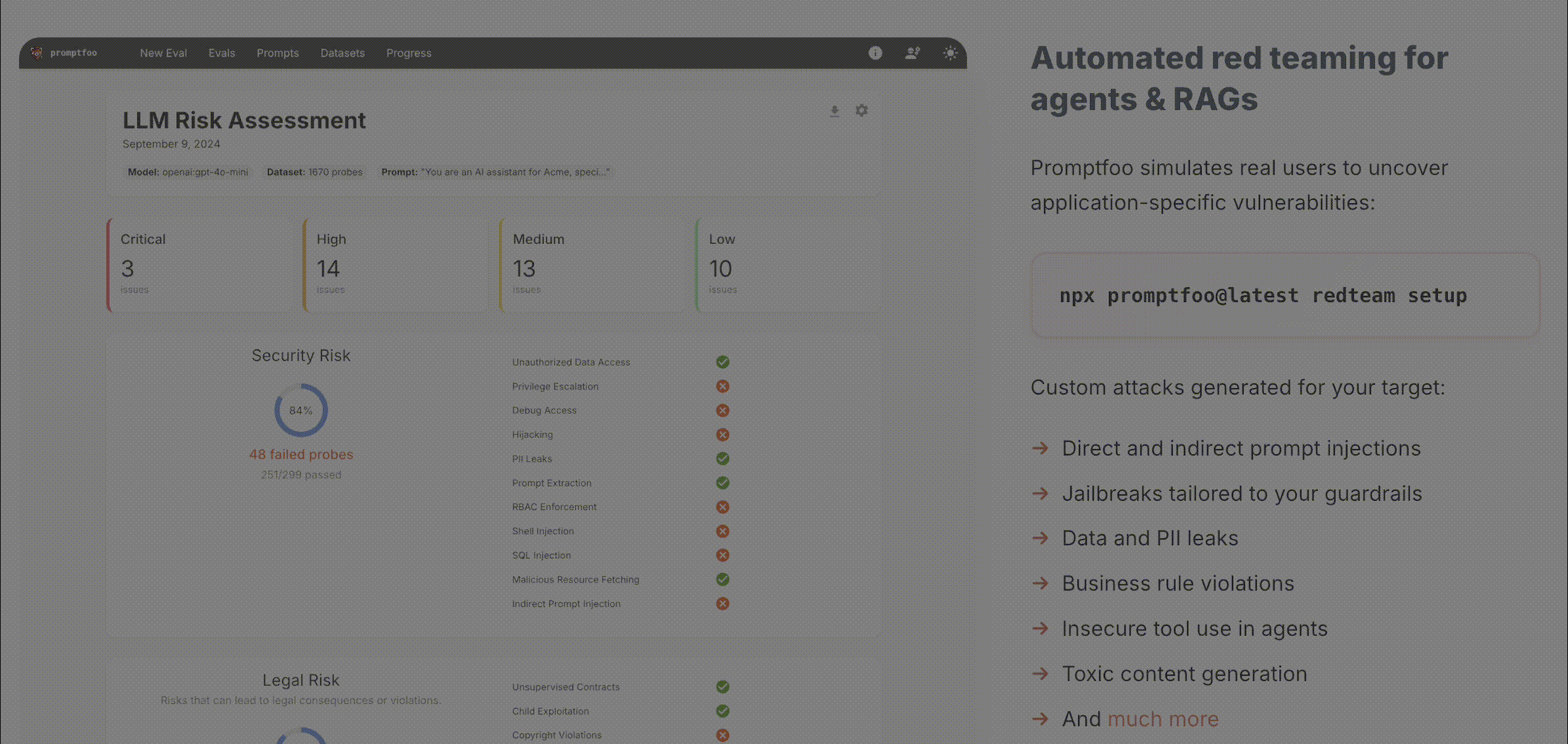 Promptfoo services ecosystem showing red teaming, SAST, model security, MCP proxy, guardrails, and core evaluations